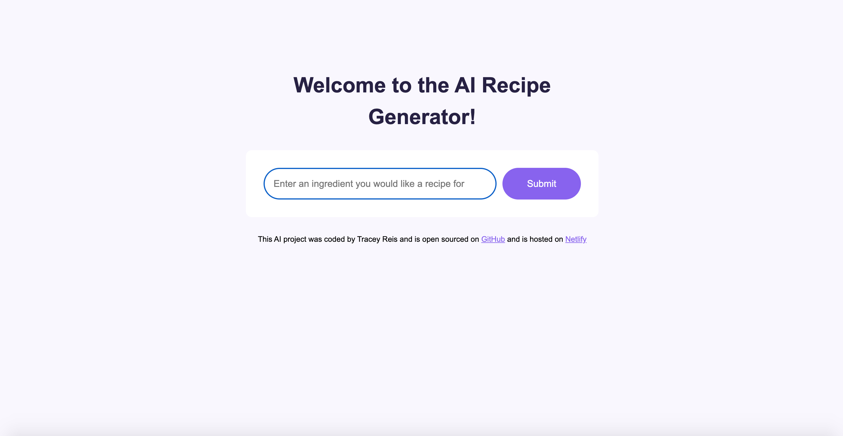 AI Recipe Generator homepage